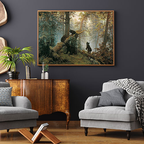 картина три медведя в сосновом лесу в интереьре гостиной в классическом стиле