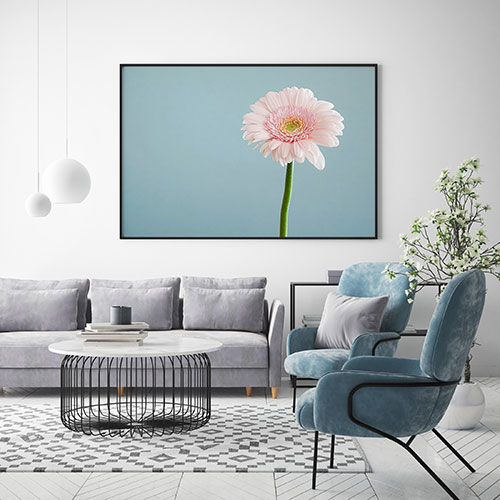 постер с цветком над диваном в современной гостиной