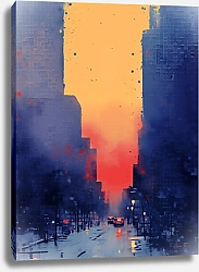 Постер Alina Fayzi Яркий городской пейзаж акварелью в авторском стиле желтое небо, синие и красные цвета