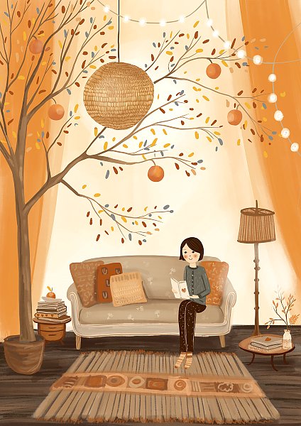 Иллюстрация интерьера с мандариновым деревом