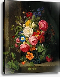 Постер Лауэр Йозеф A Large Bouquet of Flowers with Roses, Nasturtium and Butterflies