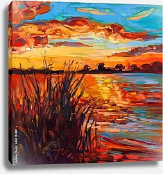 Постер Оранжевый закат над озером