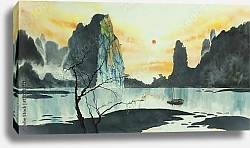 Постер Китайские горы и лодка на озере