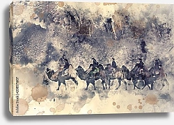 Постер Люди верхом на верблюдах в пустыне