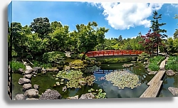 Постер Красивый японский парк с прудом и красным мостом