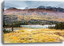 Постер Осенний пейзаж с горами, рекой и лесом
