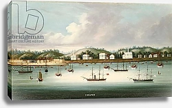 Постер Школа: Китайская 19в. A view of Singapore from the roads with American, French and British shipping, c.1850