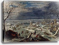 Постер Гриффер Ян A Winter Landscape with Skaters on a Frozen Waterway by a Village, a Hunter in the Foreground, Antwerp Beyond,