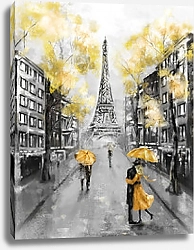 Постер Пара под зонтиком на улице Парижа в чёрно-желтых тонах
