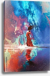 Постер Женщина в платье, стоящая на воде под вселенной, заполненой звездами