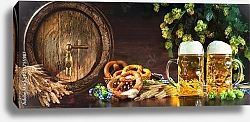Постер Пивная бочка и пивные бокалы с мягкими кренделями, пшеницей и хмелем