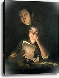 Постер Райт Джозеф A Girl reading a letter by Candlelight, with a Young Man peering over her shoulder, c.1760-2
