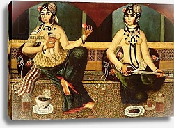Постер Школа: Персидская 19в. Two harem ladies, Qajar, Persian, c.1811-14