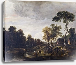 Постер Ван дер Ниер Вечерний пейзаж с лошадью и каретой на берегу ручья