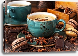 Постер Чашка кофе в старой чашке с печеньем на столе