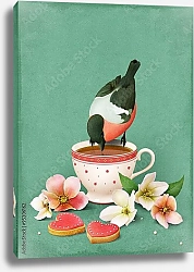 Постер Чашка чая, печенье и птица