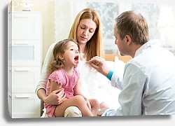 Постер Педиатр проверяет горло маленькой больной девочки