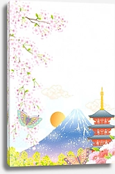 Постер Японский пейзаж с горой и цветущей сакурой