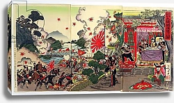 Постер Школа: Японская 19в. Fighting between Japanese and Chinese Troops Surveyed by a Group of Japanese Officers, an episode from the Sino-Japanese War, late 19th century