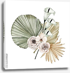 Постер Летний тропический букет с розами, цветами каллы и сушеными  пальмовыми листьями