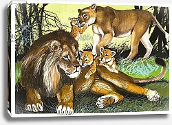 Постер Школа: Английская 20в. Lion, lioness and cubs
