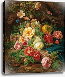 Постер Лауэр Йозеф Still Life with Roses and Butterflies by a Brook in a Forest