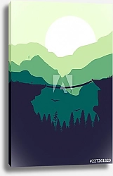 Постер Пейзаж с лесом и мостом на фоне гор