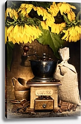 Постер Натюрморт со старинной кофемолкой и подсолнухами