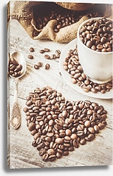 Постер Чашка кофе с зёрнами в форме сердца
