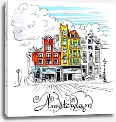 Постер Типичные дома Амстердама, Голландия, Нидерланды, эскиз