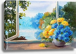 Постер Букет весенних цветов на столе у окна