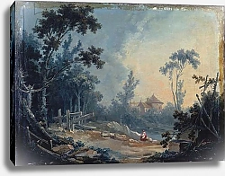 Постер Буше Франсуа (Francois Boucher) A Wooded Landscape with Buildings in the Distance