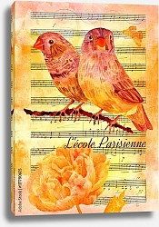 Постер Коллаж с акварельными птицами и нотами