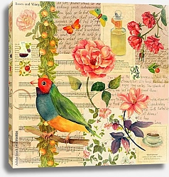 Постер Винтажный коллаж нотами, бабочками и птицами