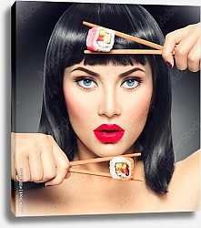 Постер Девушка с двумя роллами на палочках