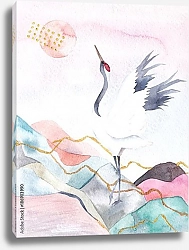 Постер Абстрактный акварельный пейзаж с журавлем