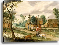 Постер Остен Изак A village landscape with a woman drawing water from a well