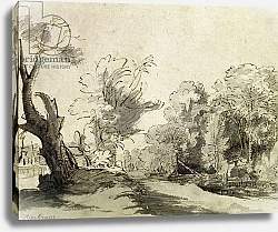 Постер Рембрандт (Rembrandt) Landscape with a path and a footbridge leading to a farm on the right