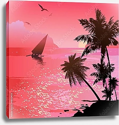 Постер Парусник в море на розовом закате
