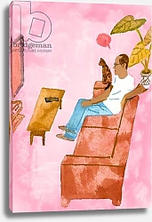 Постер Хируёки Исутзу (совр) A man watching TV with a cat、2016，