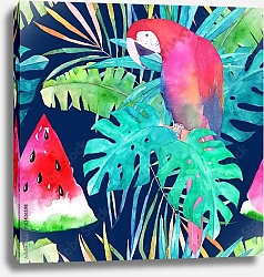 Постер Летний узор с акварельным попугаем, пальмовыми листьями и арбузом