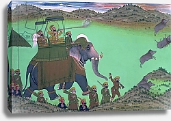 Постер Школа: Индийская 19в. Maharana Sarup Singh of Udaipur shooting boar from elephant-back, Rajasthan, 1855