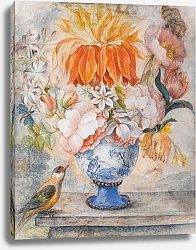 Постер Школа: Голландская 17в Still Life Of Flowers In A Blue Decorative Vase With A Bird Perched Beside On A Ledge