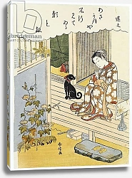 Постер Харунобу Сузуки A courtesan seated on a verandah brushing her teeth and pensively looking at flowering morning glory