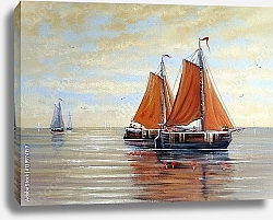 Постер Рыбацкие лодки с красными парусами на море