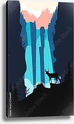 Постер Пейзаж с водопадом, горами и оленем