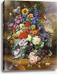 Постер Уильямс Альберт (совр) Still Life with Roses, Delphiniums, Poppies, and Marigolds on a Ledge,