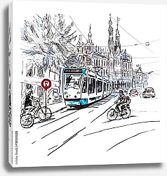 Постер Вид на город Амстердам с велосипедистами и трамваями, Голландия, Нидерланды, эскиз