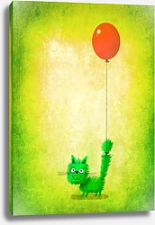 Постер Сикорский Андрей (совр) Зеленый улыбающийся котенок с воздушным шаром на хвосте