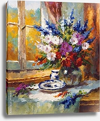 Постер Букет садовых цветов в вазе на окне
